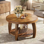 Table basse ronde Lantine en bois massif, table centrale à 2 niveaux avec rangement, plateau de 31,5 pouces à motif mosaïque, montage facile, pour le salon, marron
