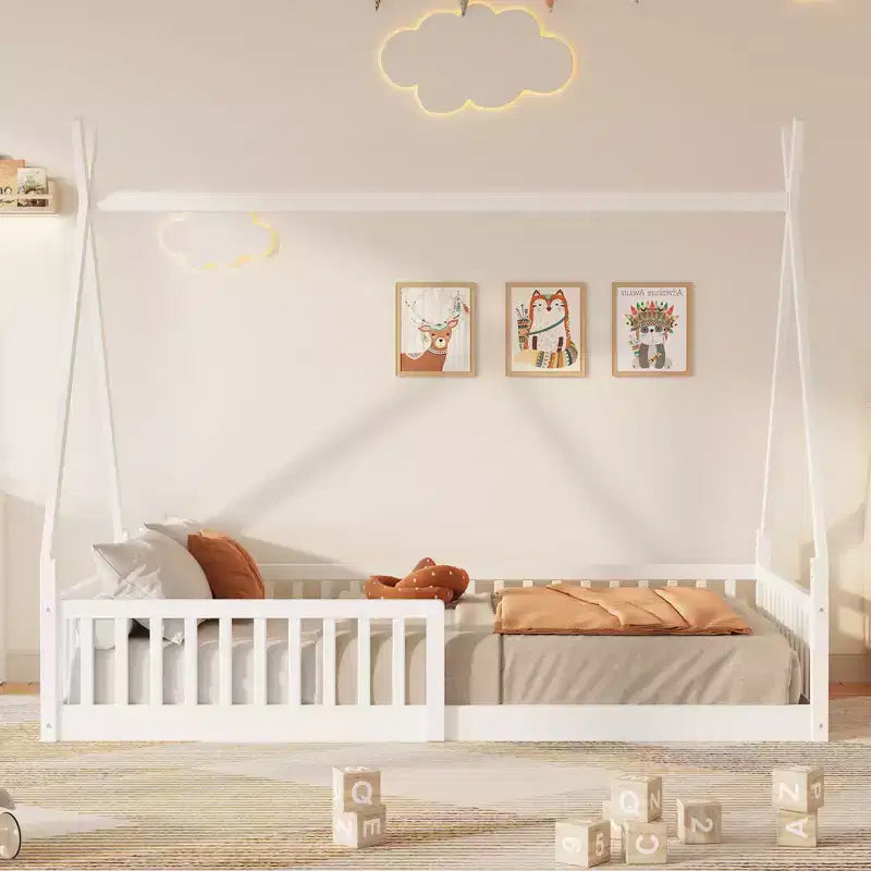 Letto a pavimento per bambini, letti a tenda singoli, letto Montessori a pavimento con doghe e sponde, struttura letto a casetta in legno per bambini e bambine