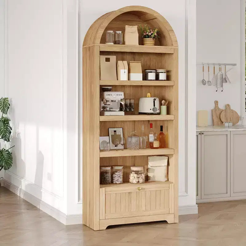 Libreria ad arco da 72" con cassetto contenitore, mobile espositore moderno in legno a 6 ripiani con scaffali aperti e cassetto inferiore, anta curva