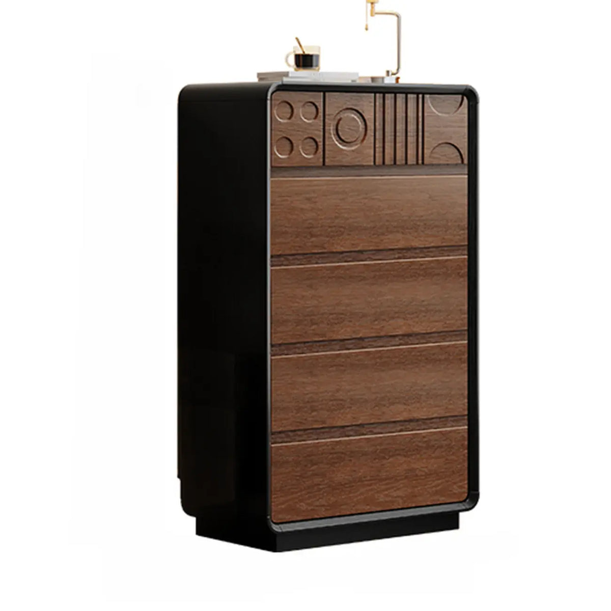 Cassettiera in legno ispirata all'Art déco con intagli geometrici
