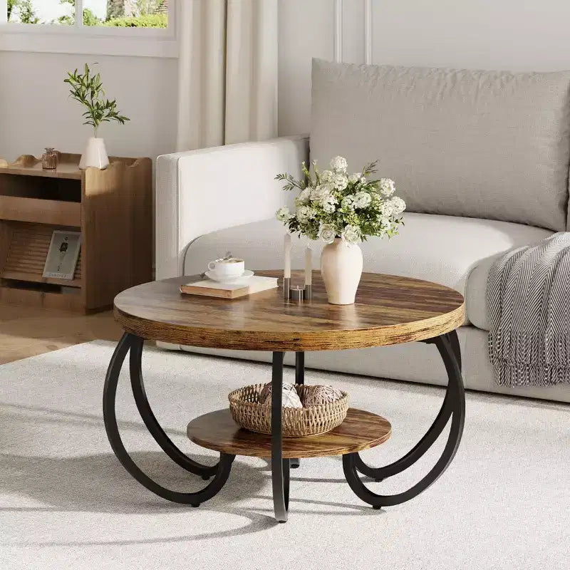 Tavolino da caffè industriale rotondo da 30 pollici, a 2 ripiani, con piedini regolabili, ripiano effetto legno, design a fiamma, facile da assemblare, per soggiorno