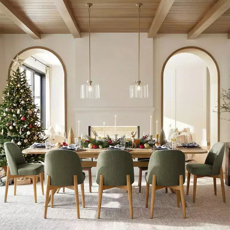 Set da pranzo composto da 9 pezzi per 8 persone, tavolo allungabile con base a cavalletto e sedie imbottite con gambe in legno massello-Panipeachy