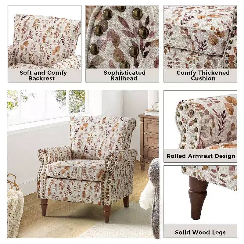 Araceli traditionele houten bloemenfauteuil met bekleding, hoge rugleuning en sierspijkerrand| ART OF LIVING DESIGNS