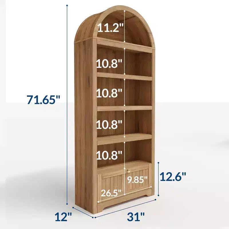 Libreria ad arco da 72" con cassetto contenitore, mobile espositore moderno in legno a 6 ripiani con scaffali aperti e cassetto inferiore, anta curva