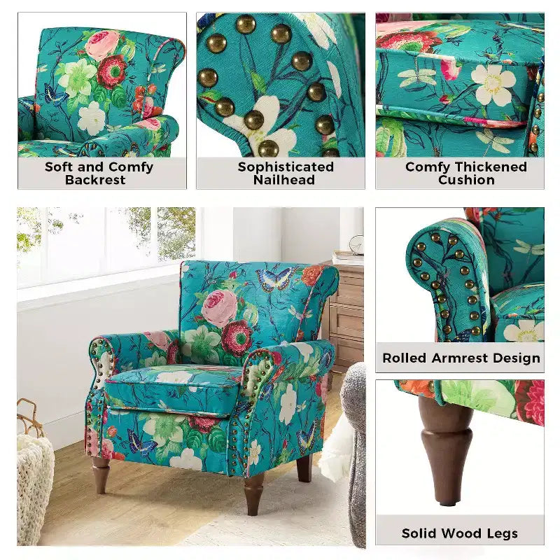 Araceli traditionele houten bloemenfauteuil met bekleding, hoge rugleuning en sierspijkerrand| ART OF LIVING DESIGNS