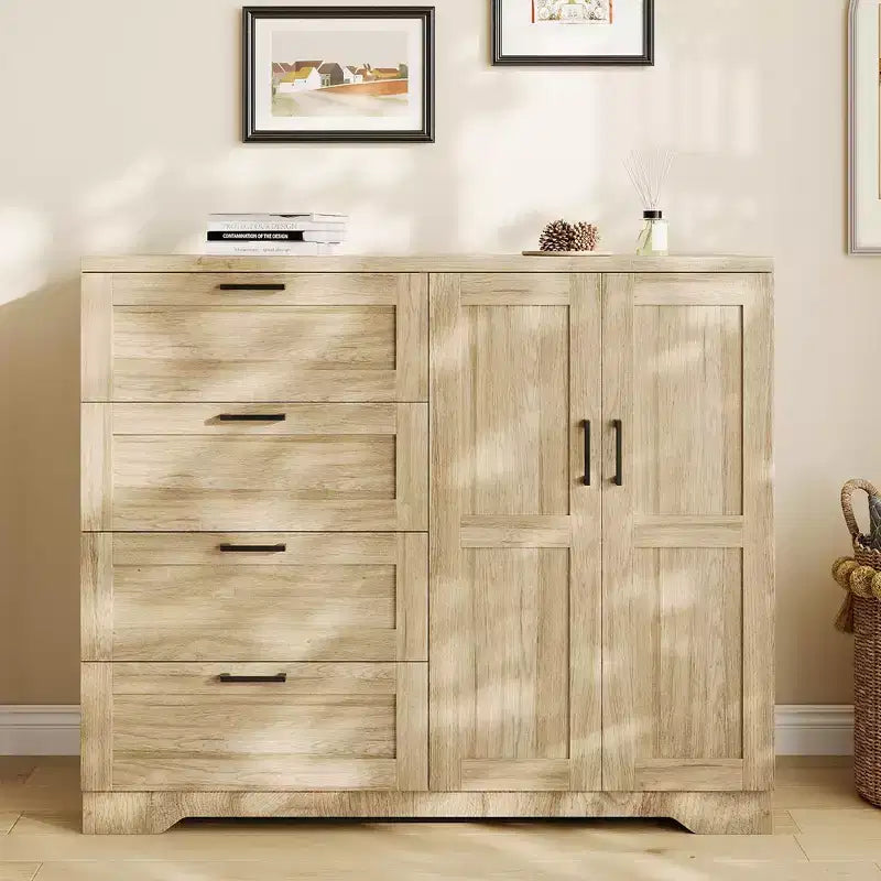 Armario ropero de madera de 43,3 pulgadas de alto con 4 cajones y barra para colgar, gabinete multifuncional de almacenamiento de ropa para dormitorio con cómoda