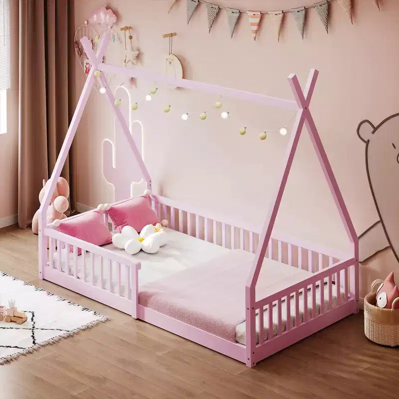 Letto a pavimento per bambini, letti a tenda singoli, letto Montessori a pavimento con doghe e sponde, struttura letto a casetta in legno per bambini e bambine
