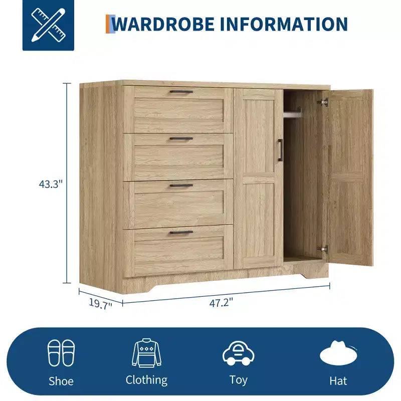 Armario ropero de madera de 43,3 pulgadas de alto con 4 cajones y barra para colgar, gabinete multifuncional de almacenamiento de ropa para dormitorio con cómoda