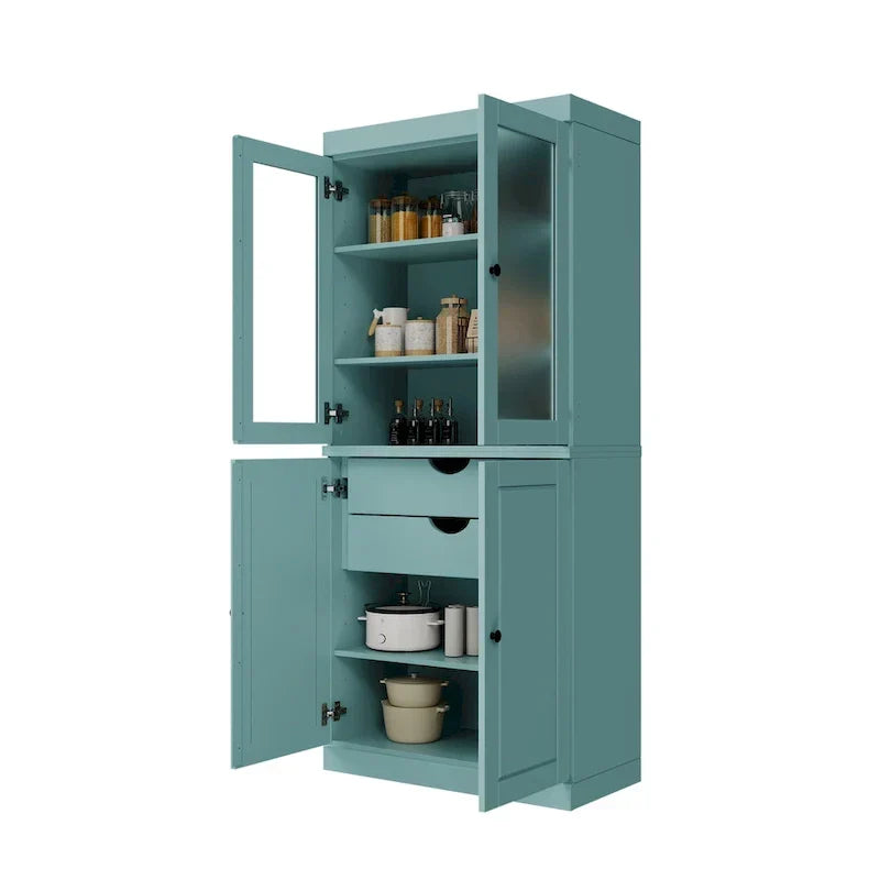 Armario despensa 100 % de madera maciza con puertas de vidrio esmerilado, puertas sólidas, 2 cajones y estantes ajustables
