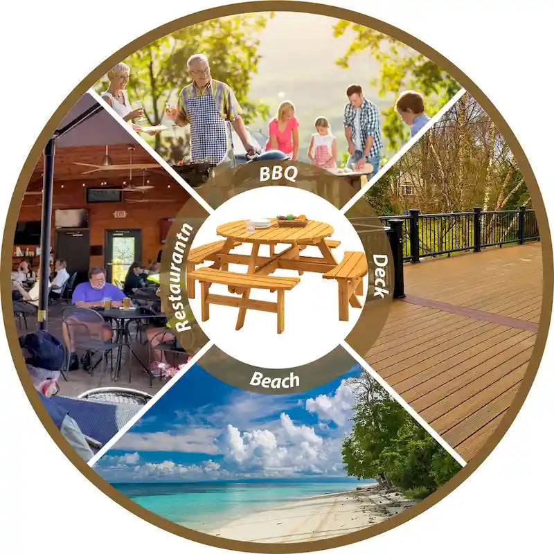 Conjunto de comedor de picnic redondo para patio exterior, de madera de abeto, para 8 personas, con 4 bancos integrados y orificio para sombrilla