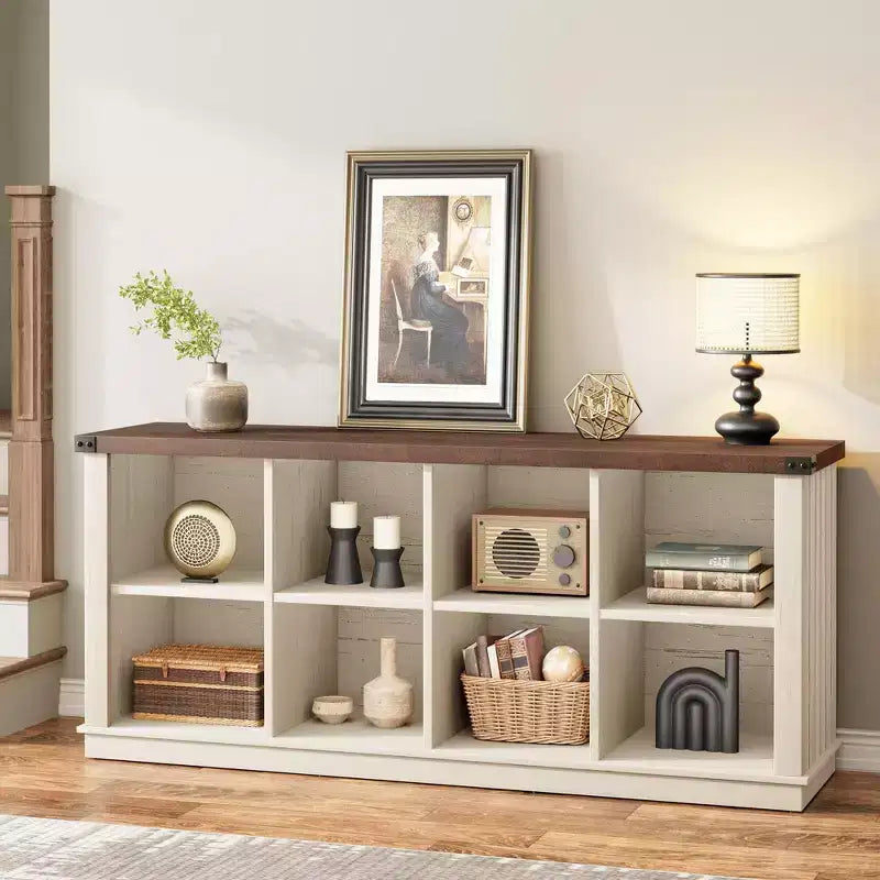 Libreria organizer con 8 scomparti, mobile orizzontale in stile rustico, libreria in legno da 62 pollici con vani portaoggetti per ingresso, libreria lunga e bassa per soggiorno