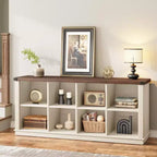 Libreria organizer con 8 scomparti, mobile orizzontale in stile rustico, libreria in legno da 62 pollici con vani portaoggetti per ingresso, libreria lunga e bassa per soggiorno