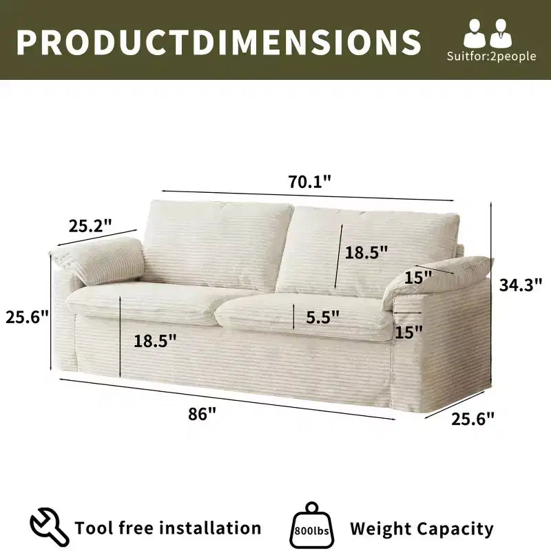 Dwuosobowa sofa Dyonery 86 Cloud, głębokie siedzisko, szerokie podłokietniki z poduszkami, solidna rama, przewiewna ergonomiczna konstrukcja