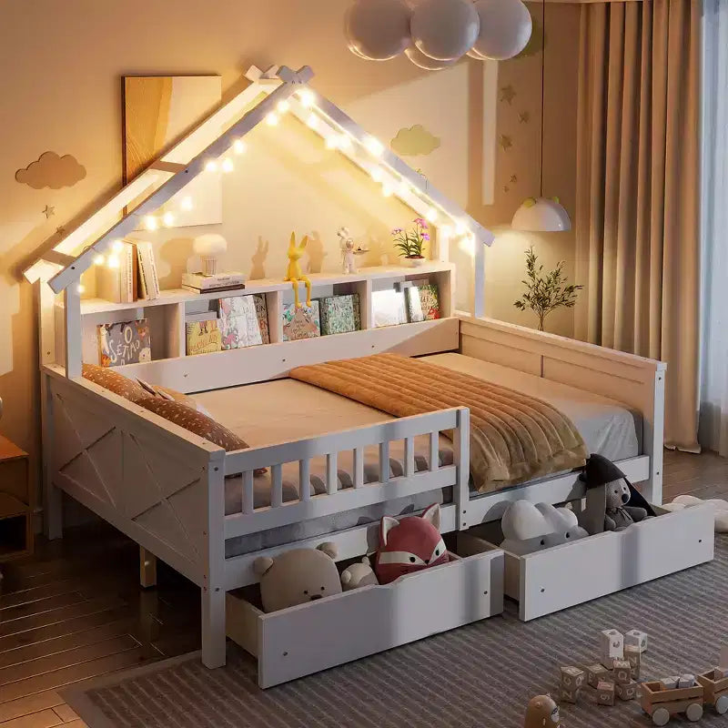 Estructura de cama tipo casita de tamaño completo con cajones, cama plataforma tipo casita con luces LED, estantes y cajones de almacenamiento, diván de madera con techo y barandilla