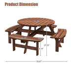 Conjunto de comedor de picnic redondo para patio exterior, de madera de abeto, para 8 personas, con 4 bancos integrados y orificio para sombrilla