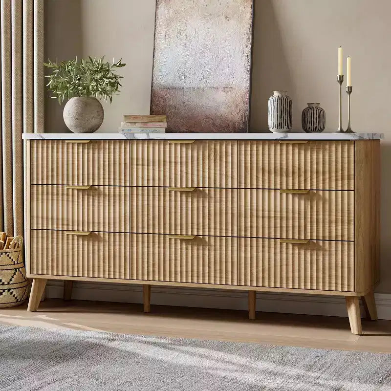 Kommode mit 9 geriffelten Schubladen, moderne Truhe, TV-Möbel aus Holz mit geschwungenem Profil für Wohnzimmer und Flur