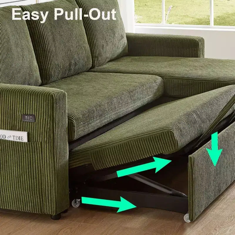 Sofá cama extraíble 2 en 1 Dyonery con chaise longue con almacenamiento, sofá seccional de pana C con puertos USB para sala de estar