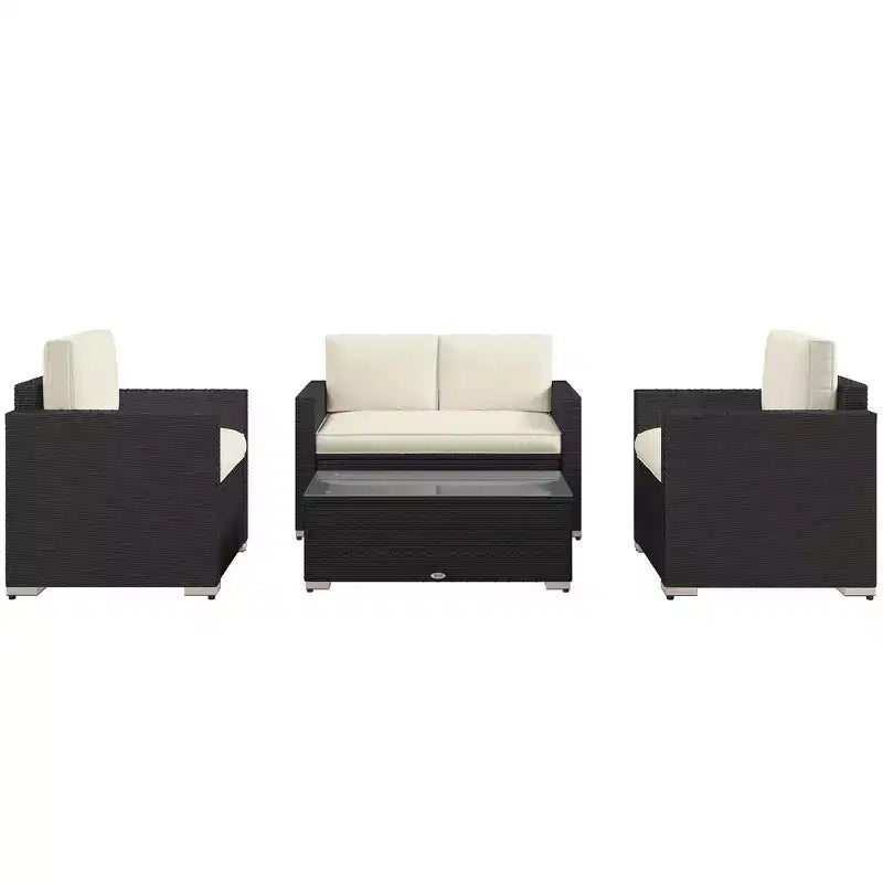Ensemble de canapé en rotin de 4 pièces, salon de jardin en résine tressée avec causeuse, fauteuils et table basse avec plateau en verre pour l’extérieur