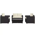 Ensemble de canapé en rotin de 4 pièces, salon de jardin en résine tressée avec causeuse, fauteuils et table basse avec plateau en verre pour l’extérieur