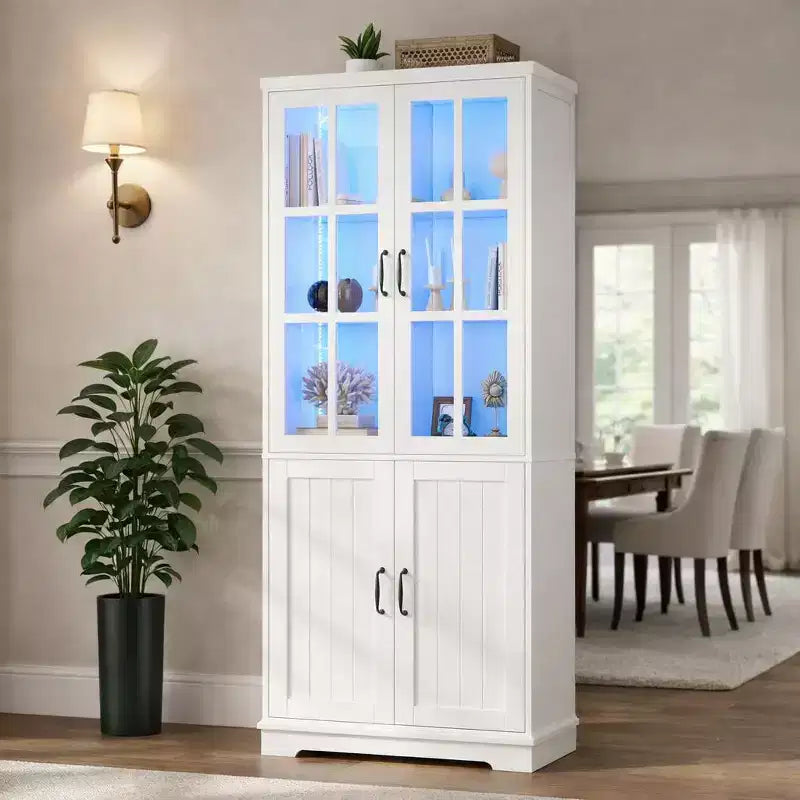 AMERLIFE Mobile contenitore alto 71 con luci LED, grande libreria con ante in vetro acrilico
