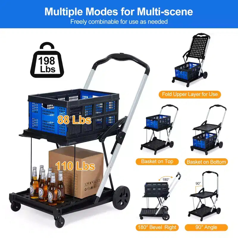 Carrelli pieghevoli per la spesa a 2 livelli, portata di 198 libbre, carrello portaspesa pieghevole e portatile con ruote e cassa rimovibile per centro commerciale e mercato, blu