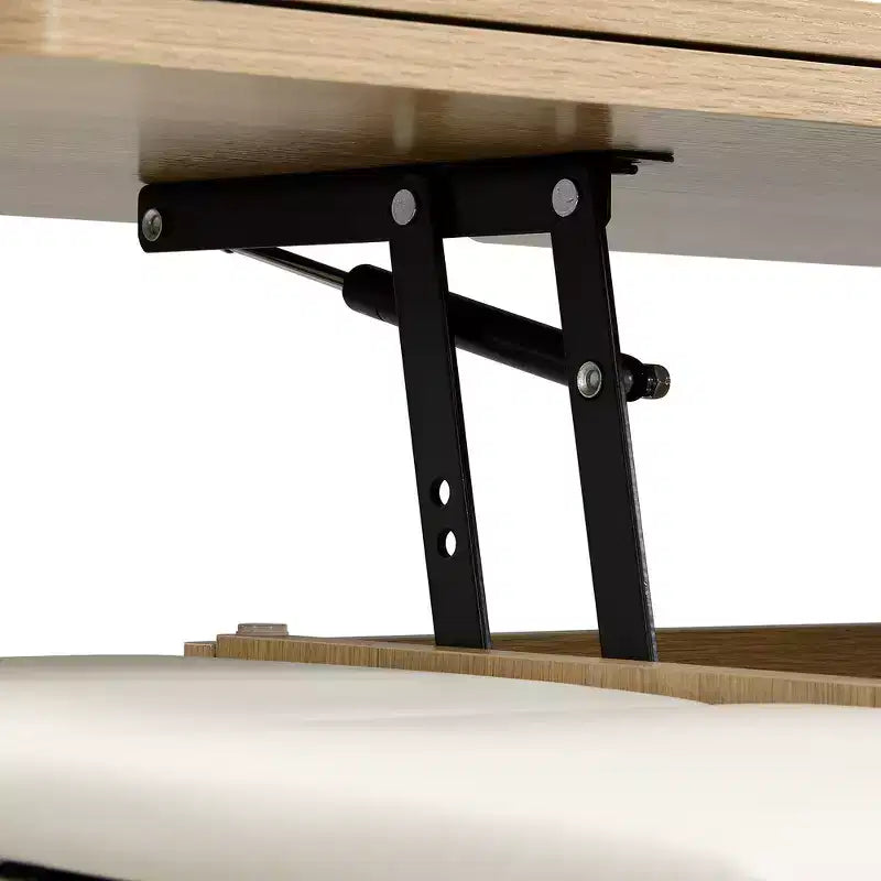 Multifunctionele moderne salontafel met hefbaar blad en verborgen opbergruimte, 4 krukken en zwenkwielen, perfect voor moderne woonruimtes