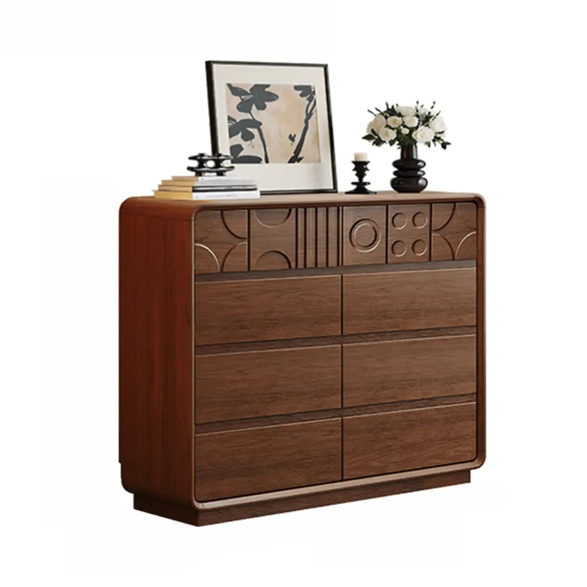 Cassettiera in legno ispirata all'Art déco con intagli geometrici