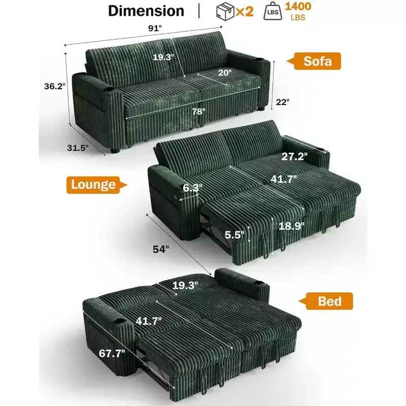 Dyonery 91 Eckschlafsofa mit ausziehbarem Bett, verstellbarer Rückenlehne, zwei ausziehbaren Betten, USB-Anschlüssen und Getränkehaltern, weicher Cordbezug
