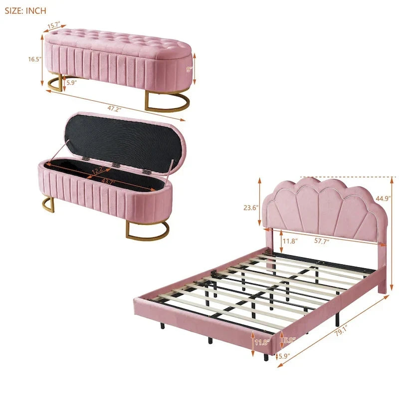 Set da camera da letto in 2 pezzi, letto a piattaforma matrimoniale LED con pouf contenitore