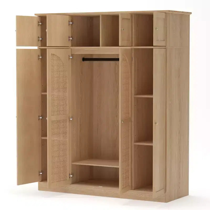 Armario ropero alto de 70,87 pulgadas con 8 puertas y gran capacidad, barra para colgar, estantes ajustables y puertas decorativas de ratán