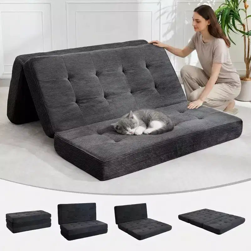 Matelas pliable en trois parties de 15 cm SunnyFurn, canapé-lit, 190,5 x 137,9 cm, lit d’appoint pliable en mousse avec velours côtelé matelassé, portable pour le camping, le salon ou la chambre