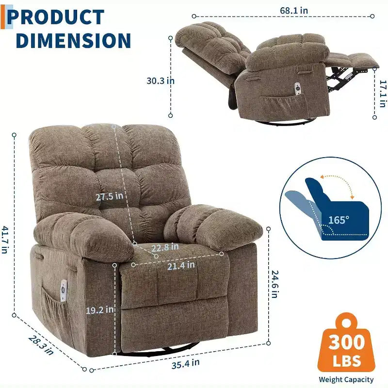 Poltrona reclinabile massaggiante con riscaldamento - poltrona a dondolo girevole a 360°, divano singolo oversize con vibrazione, USB e tasche portaoggetti per soggiorno/camera da letto