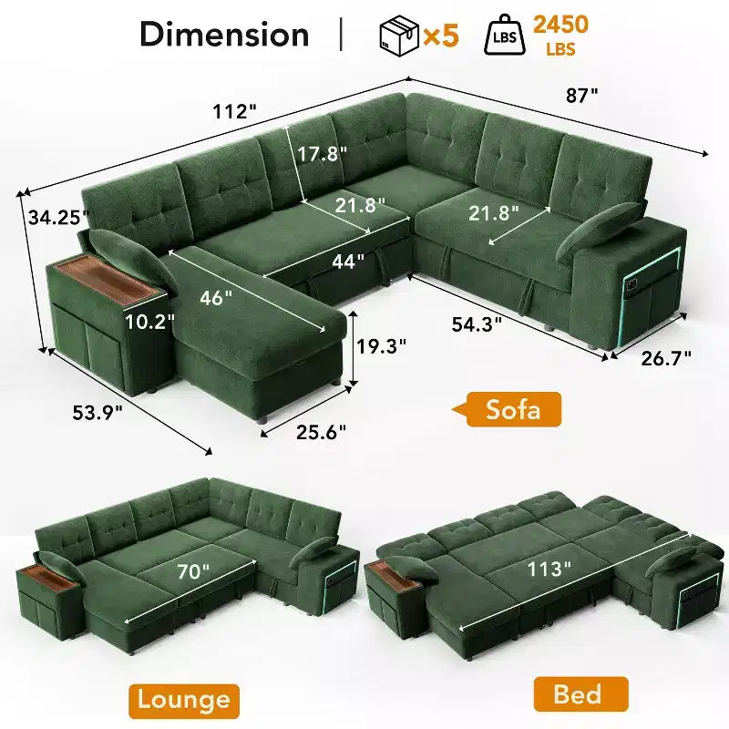 Divano componibile letto modulare Dyonery 112 con letto estraibile, divano componibile a U con contenitore, sedute extra larghe e profonde per il soggiorno