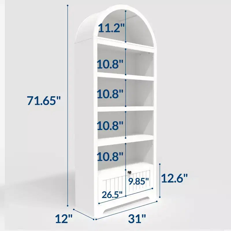 Libreria ad arco da 72" con cassetto contenitore, mobile espositore moderno in legno a 6 ripiani con scaffali aperti e cassetto inferiore, anta curva