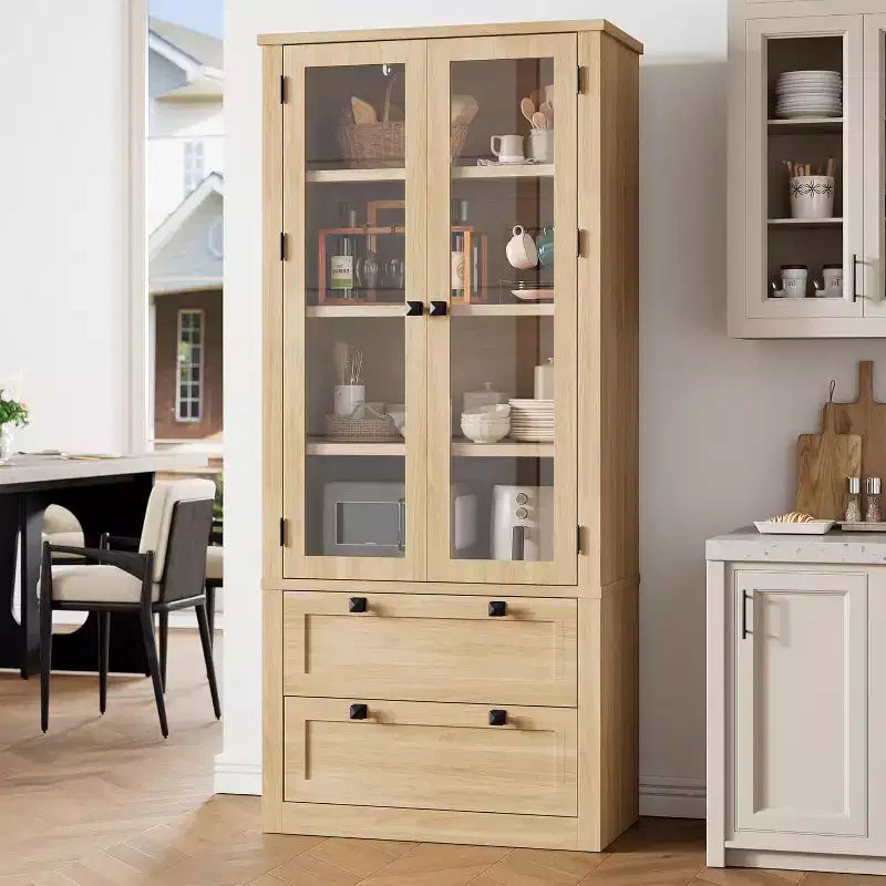 Küchenvorratsschrank im Landhausstil mit Glastüren, 183 cm hoher Aufbewahrungsschrank mit Schubladen und verstellbaren Einlegeböden für Esszimmer, Badezimmer und Wohnzimmer