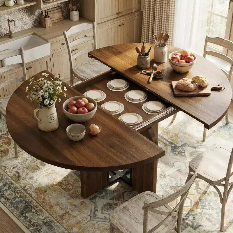 Ausziehbarer runder Esstisch, 47–63 Zoll, für 4–8 Personen, ausziehbarer Küchen- und Esstisch aus Holz im Landhausstil mit Metallgestell, oval, platzsparend für Wohnungen, Retro-Grau