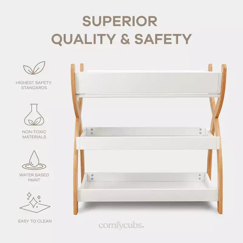 Comfy Cubs commode voor baby's - stevige houten constructie, tijdloze uitstraling met twee open planken voor babybenodigdheden
