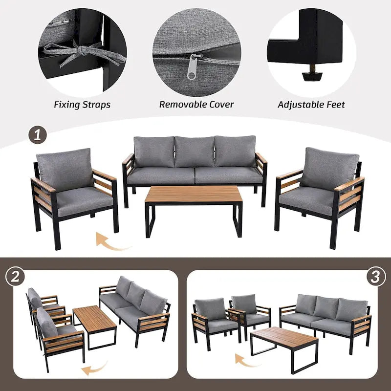 4-teiliges Gartensofaset für 5 Personen mit Couchtisch aus Massivholz und abnehmbaren Kissen