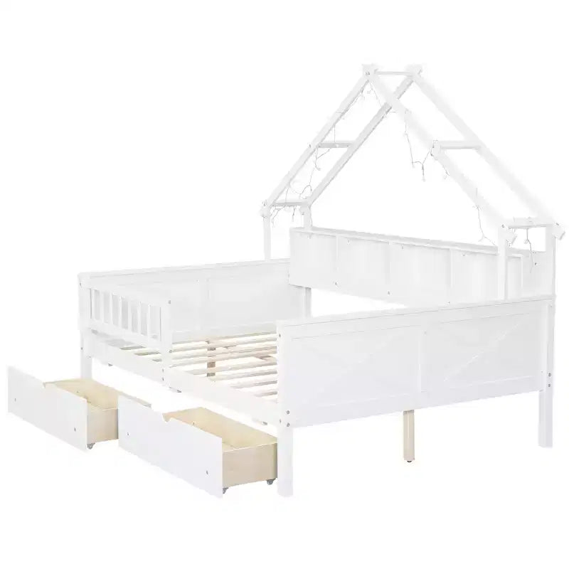 Estructura de cama tipo casita de tamaño completo con cajones, cama plataforma tipo casita con luces LED, estantes y cajones de almacenamiento, diván de madera con techo y barandilla