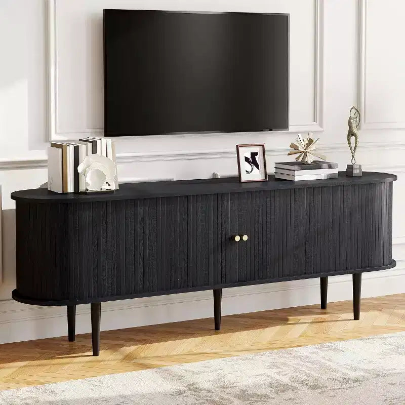 AMERLIFE 70-Zoll-TV-Ständer mit Beinen aus Massivholz, moderne TV-Konsole im Mid-Century-Stil mit Lamellentür