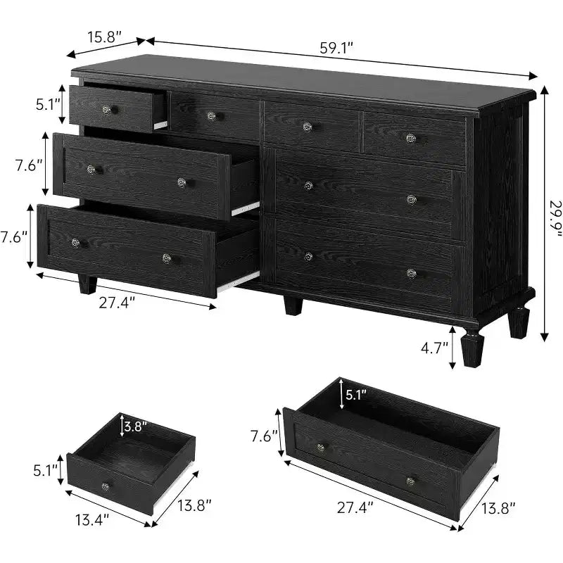 Kommode mit 8 Schubladen für das Schlafzimmer, Vintage-TV-Schrank mit 59 cm, geschnitzten Griffen und konischen Beinen, Holzkommode mit großem Stauraum