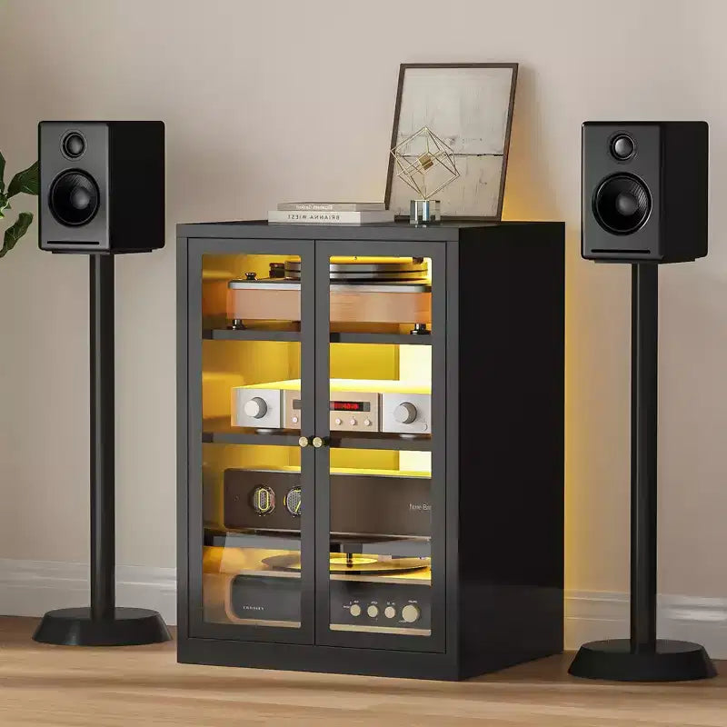 Mobile multimediale in metallo Bekrvio, mobile stereo a 4 ripiani con ante in vetro e ripiani regolabili, rack audio AV con gestione dei cavi