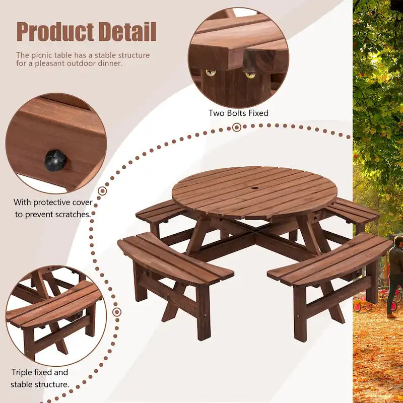 Conjunto de comedor de picnic redondo para patio exterior, de madera de abeto, para 8 personas, con 4 bancos integrados y orificio para sombrilla