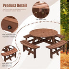Conjunto de comedor de picnic redondo para patio exterior, de madera de abeto, para 8 personas, con 4 bancos integrados y orificio para sombrilla