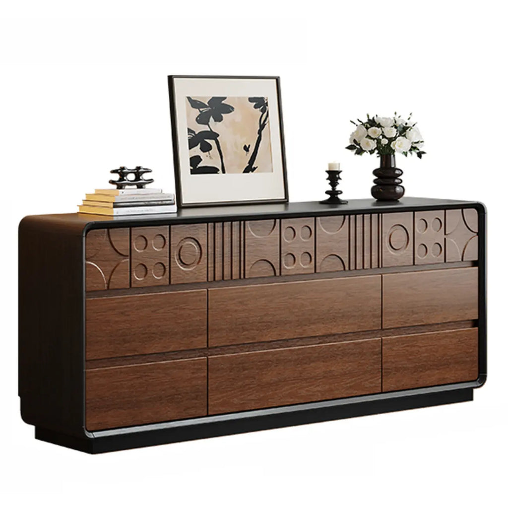 Cassettiera in legno ispirata all'Art déco con intagli geometrici