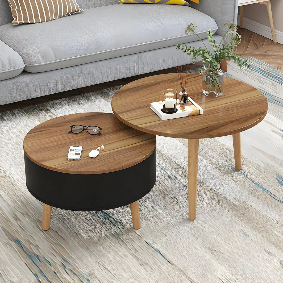 Tavolino da caffè moderno rotondo in legno bianco e nero con contenitore