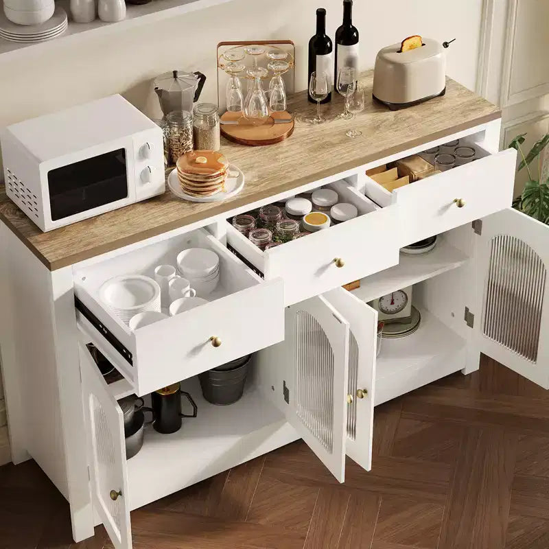 Opbergkast van 55 inch, smal buffet- en dressoirkast met 3 laden en 4 deuren voor keuken, eetkamer en woonkamer
