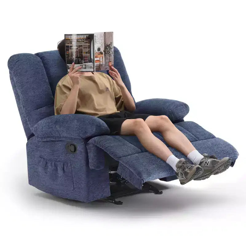 Blauwe extra grote relaxfauteuil met schommelmechanisme en chenillebekleding