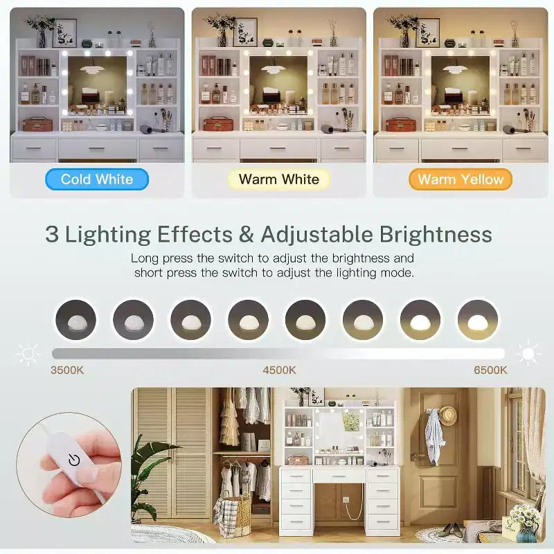 BALHAM TRADE-Toeletta con specchio e luci, 9 cassetti, 6 ripiani, 3 modalità di illuminazione, luminosità regolabile
