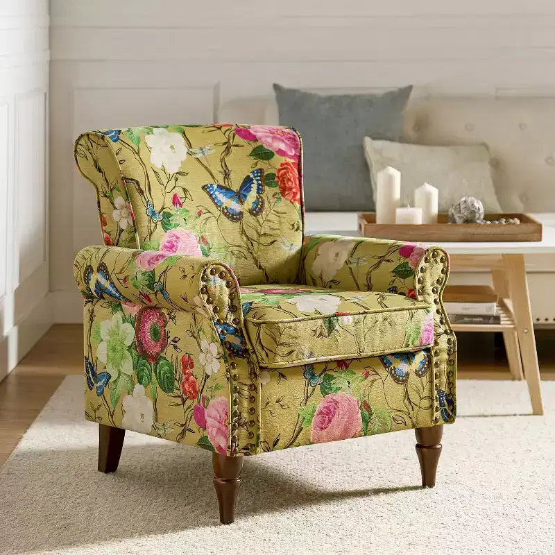 Araceli traditionele houten bloemenfauteuil met bekleding, hoge rugleuning en sierspijkerrand| ART OF LIVING DESIGNS